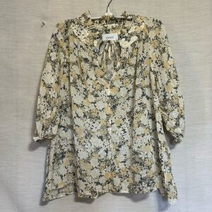 Esmaee Floral Cotton Ruffle Tie Neck Boho Blouse Small